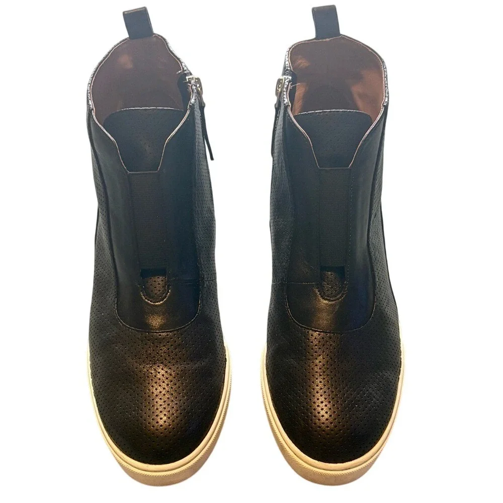 L. Paolo Black Anna Low Wedge Sneakers Booties w/ Side Zipper